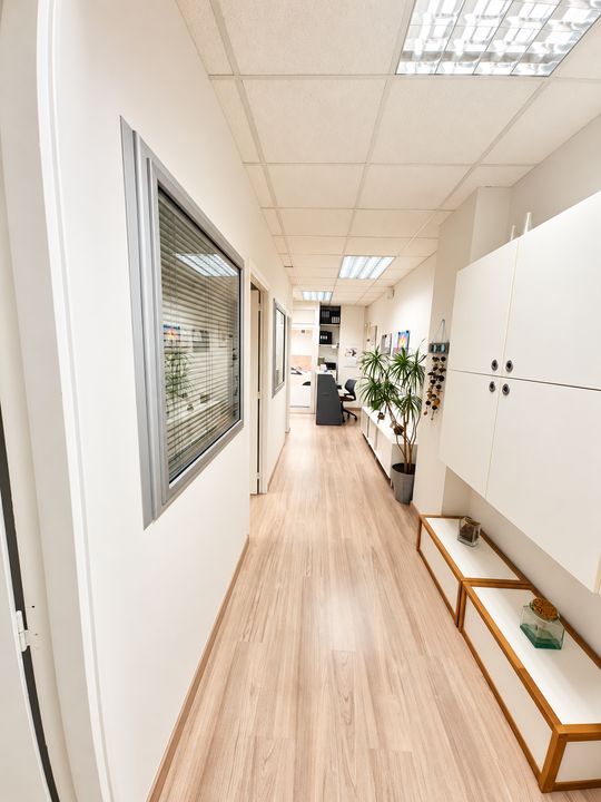 Passadís del centre ABC amb llum natural, plantes i mobiliari clar