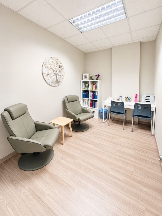 Sala amb butaques de relaxació, prestatgeria i zona de treball